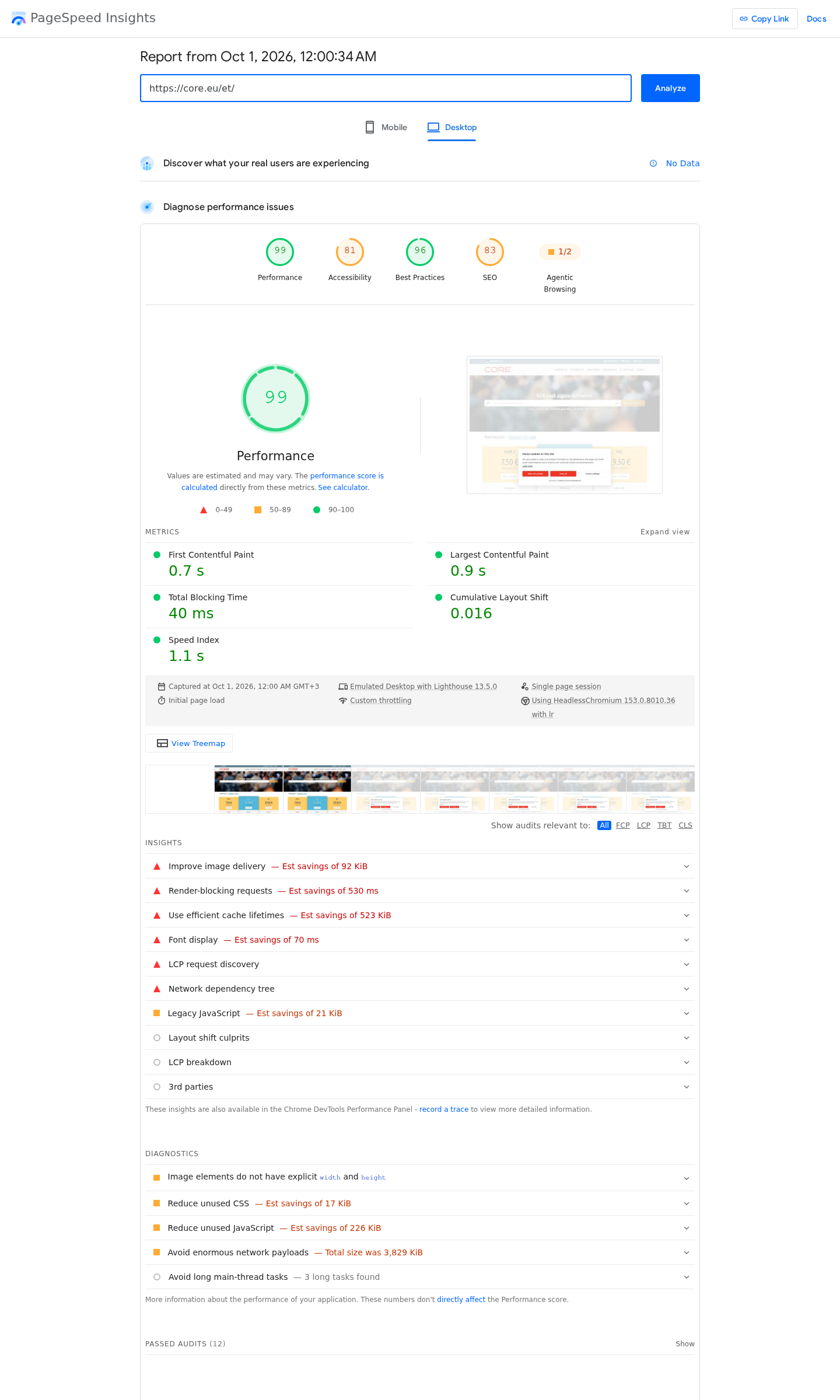PageSpeed Insightsi tulemus: Core.ee - desktop