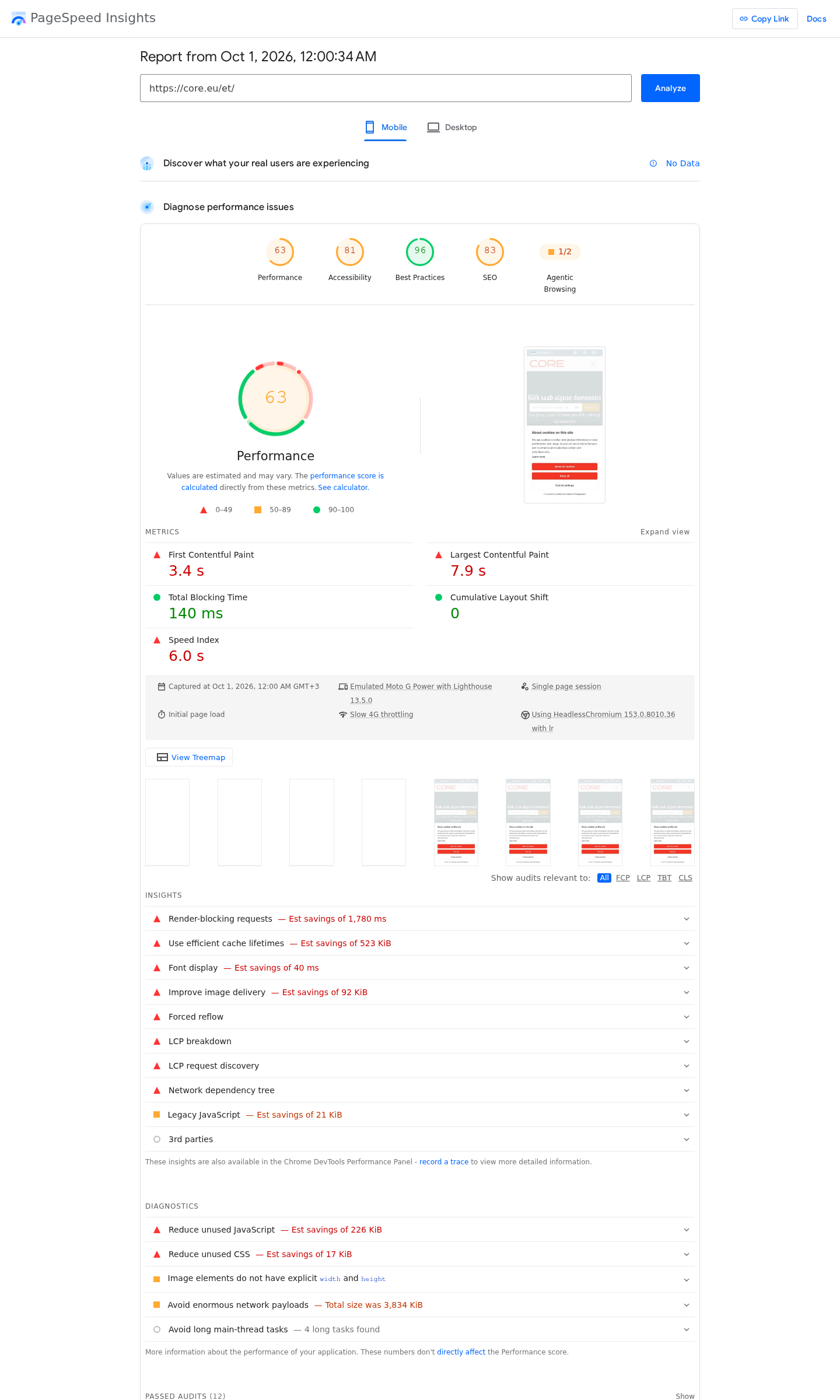PageSpeed Insightsi tulemus: Core.ee - mobiil