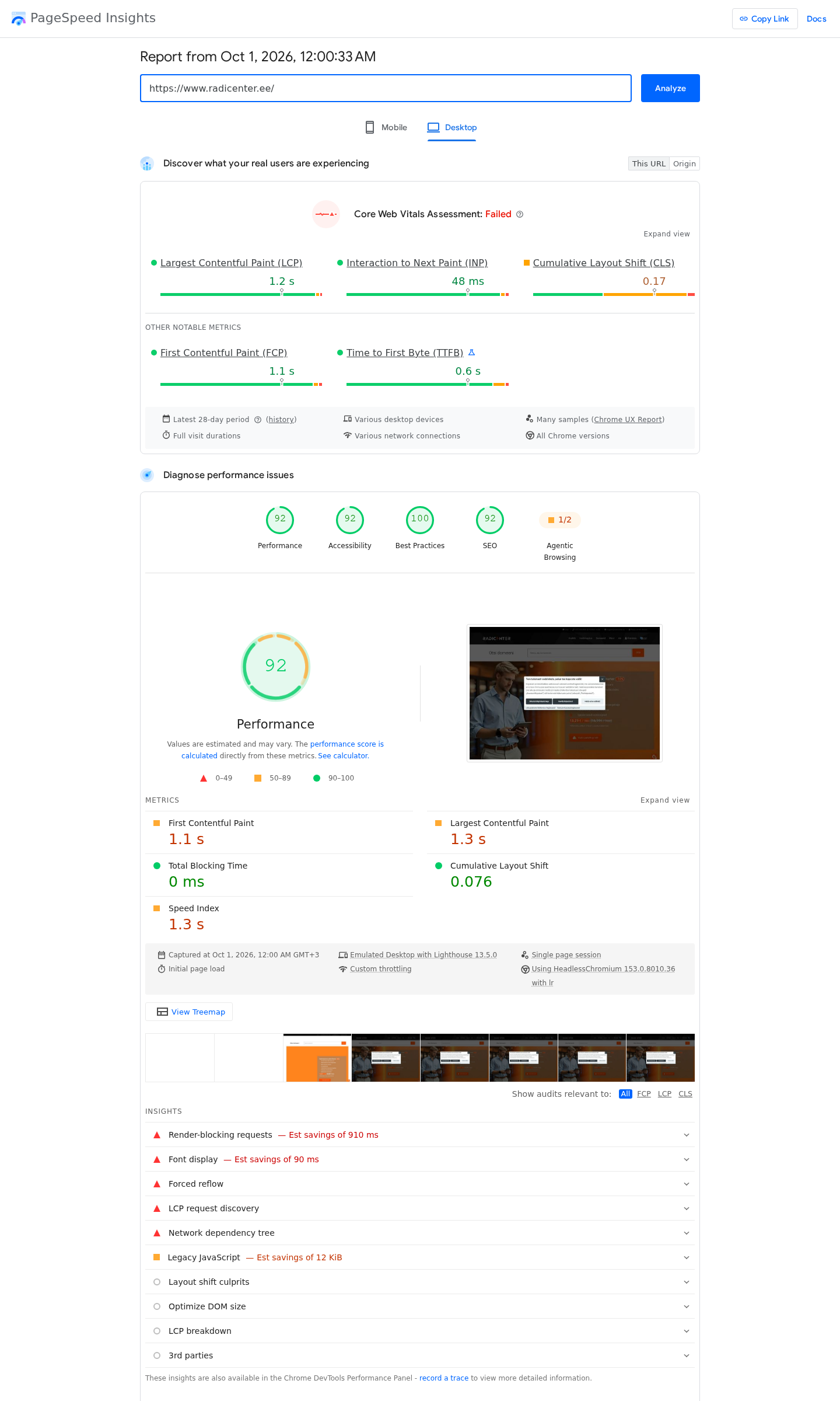 PageSpeed Insightsi tulemus: Radicenter - desktop