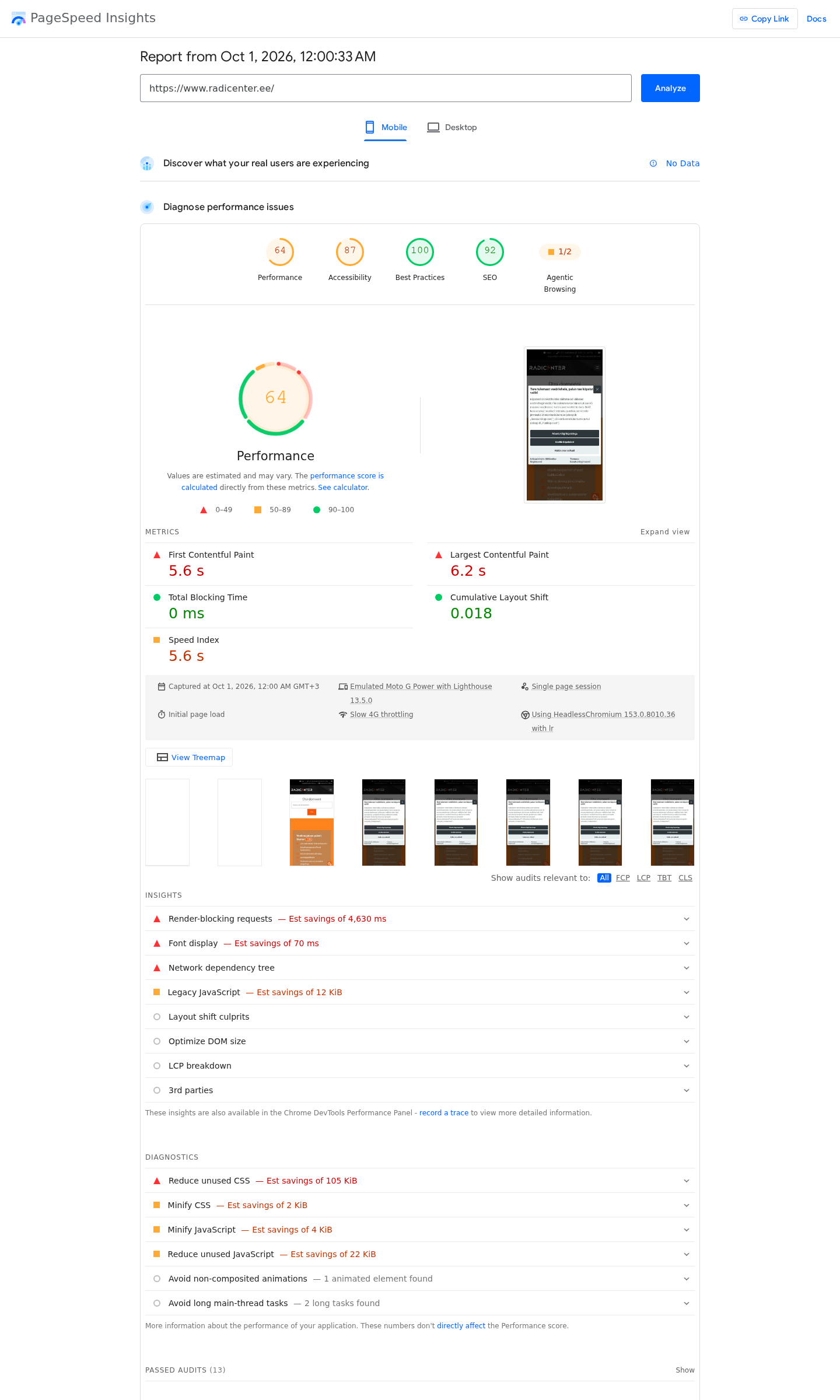 PageSpeed Insightsi tulemus: Radicenter - mobiil