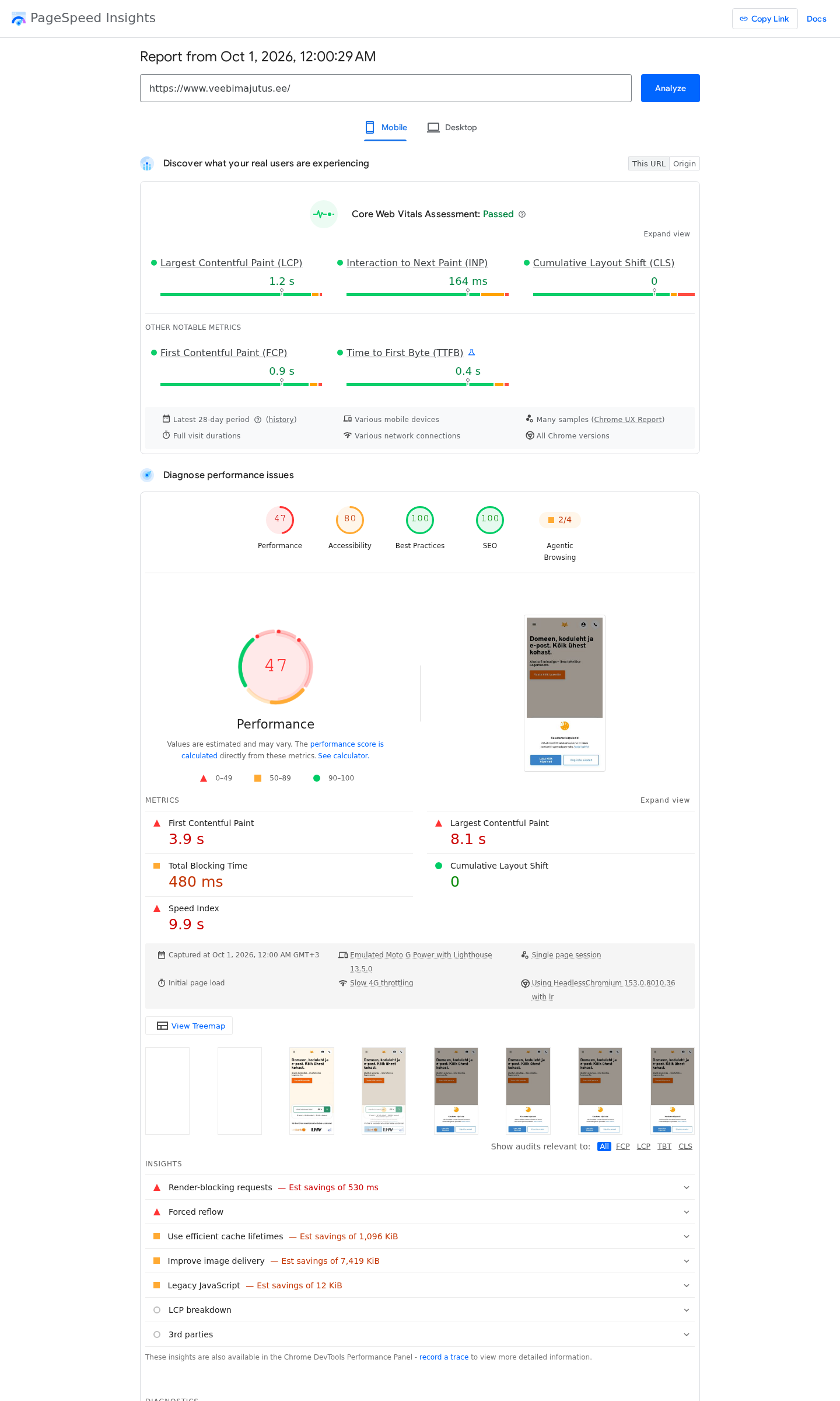 PageSpeed Insightsi tulemus: Veebimajutus.ee - mobiil