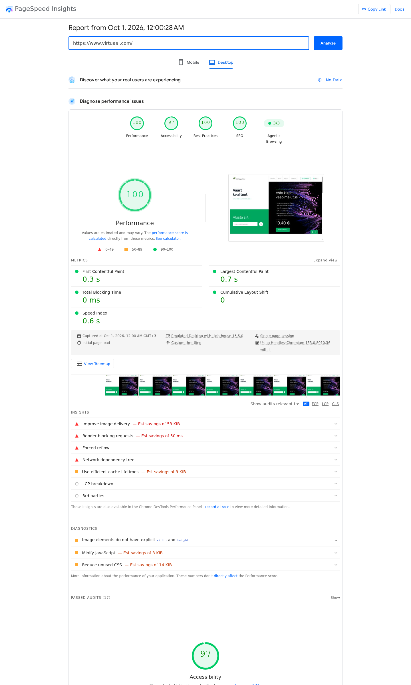 PageSpeed Insightsi tulemus: Virtuaal.com - desktop